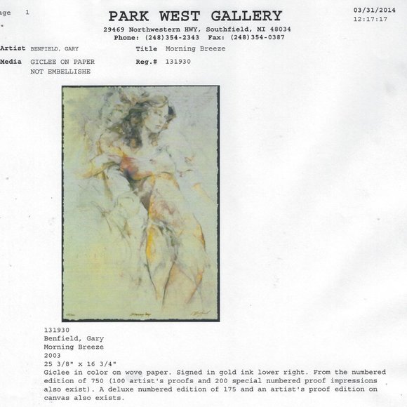 Unframed "Morning Breeze" by Gary Benfield Giclee Appraised $1,580 - Picture 3 of 9